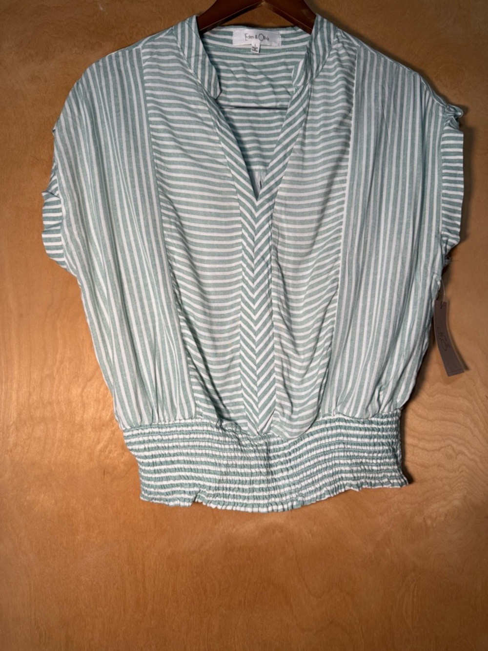 Eden & Olivia Mint and White Striped V-Neck Smocked Hem Top